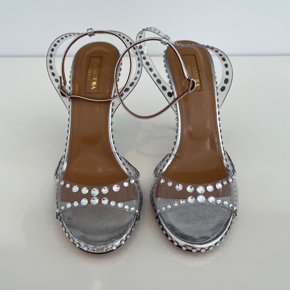 AQUAZZURA SILVER PVC LEATHER CRYSTAL SANDALS SIZE IT 38 / US 8 NEW IN BOX! - Picture 3 of 17